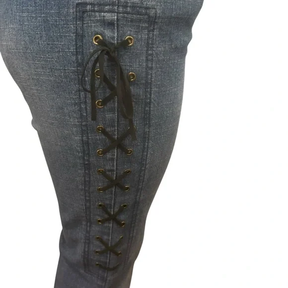5/48 jeans flares blue with black lace womens size 8 blue boho festival concert - Picture 6 of 16